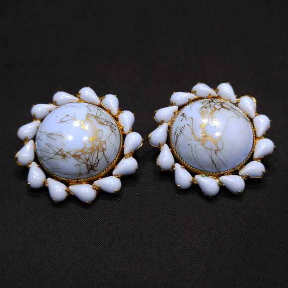 Weiss Light Blue & Gold Marbled Art Glass Earrings, Gold Plated, 1950s Vintage - Picture 7 of 10